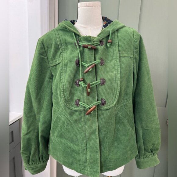 Anthropologie Elevenses Green Corduroy Jacket with Floral Lining - 6 Toggle Zip - Picture 1 of 5